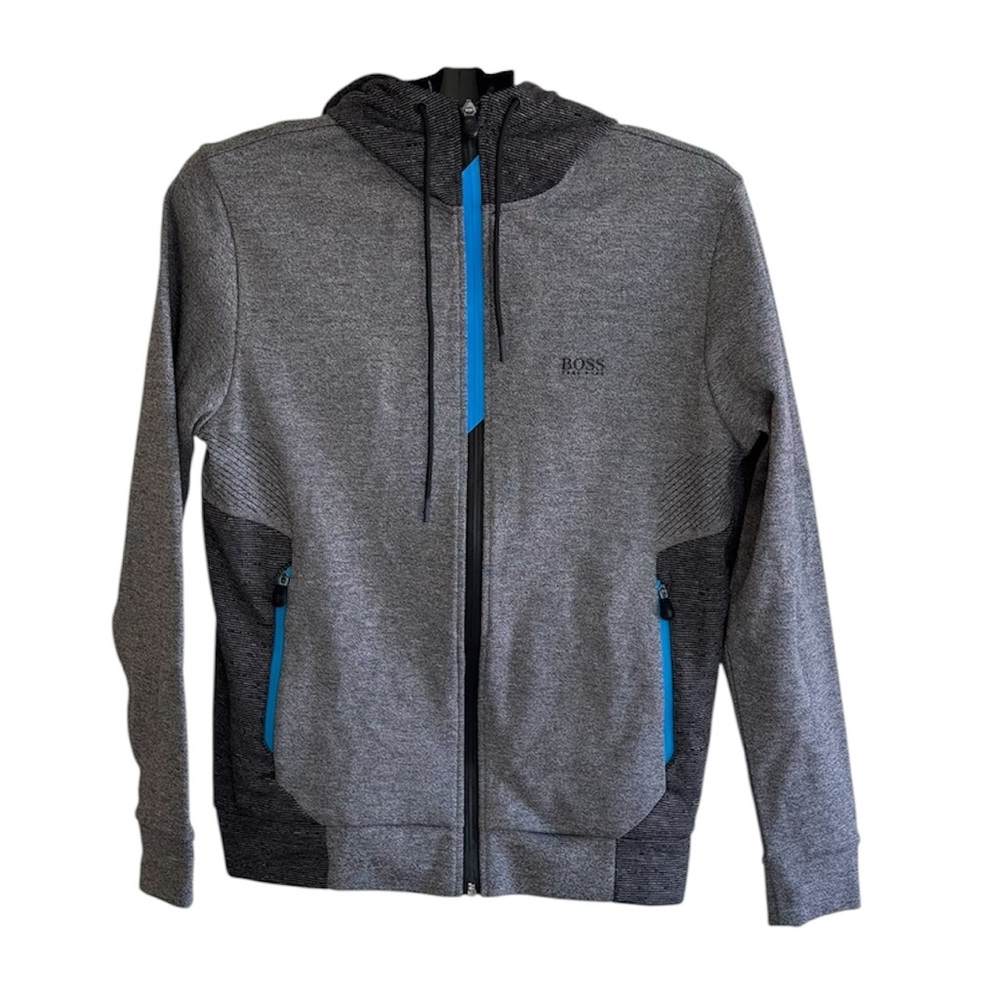 Hugo Boss Selnio black/ gray / blue full zip hoodie jacket pockets small NWT